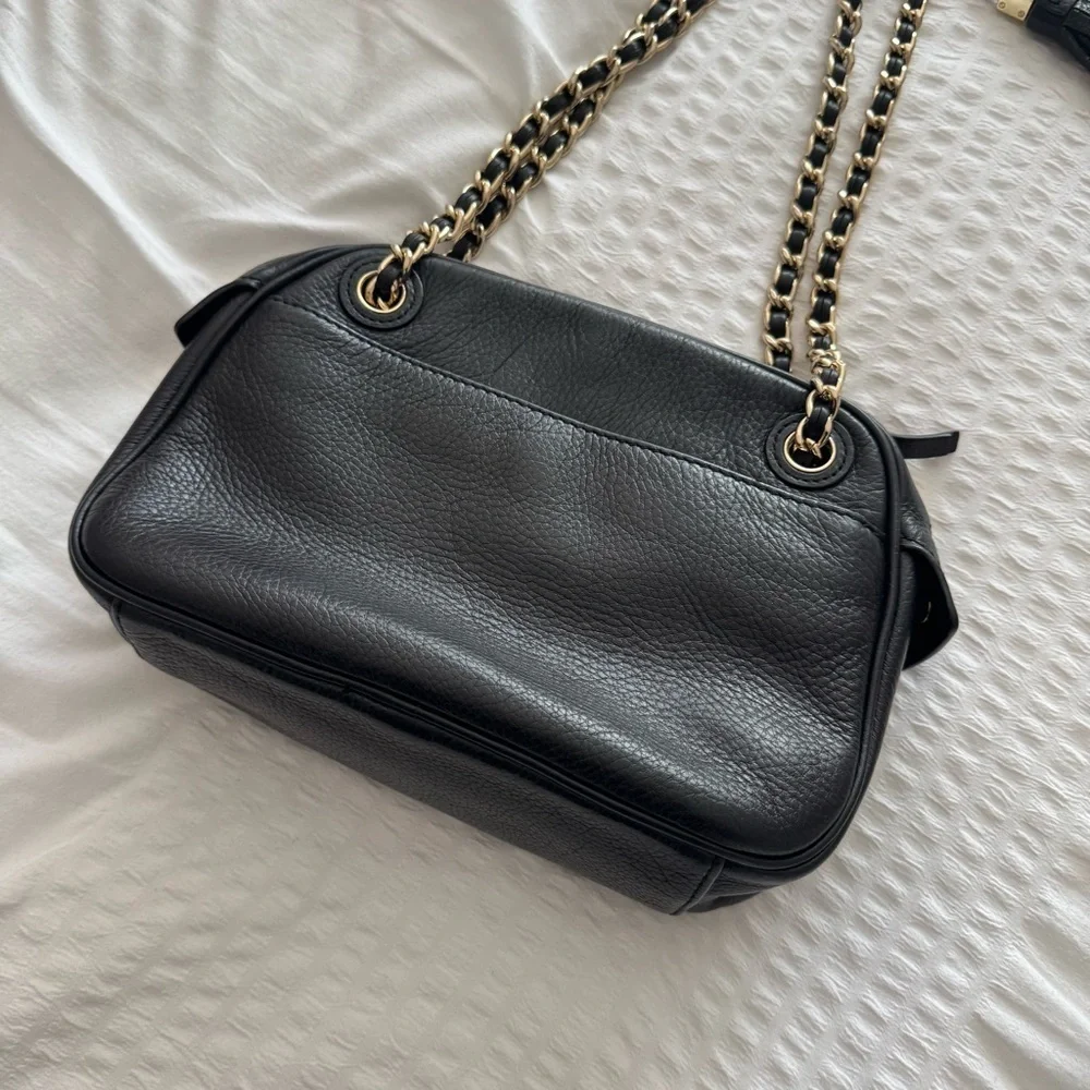 Tory Burch Thea Black Leather Crossbody Bag with Chain Strap and tassel